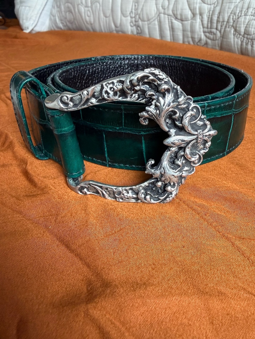 Green Croc-Embossed Leather Belt with Ornate Silver Buckle